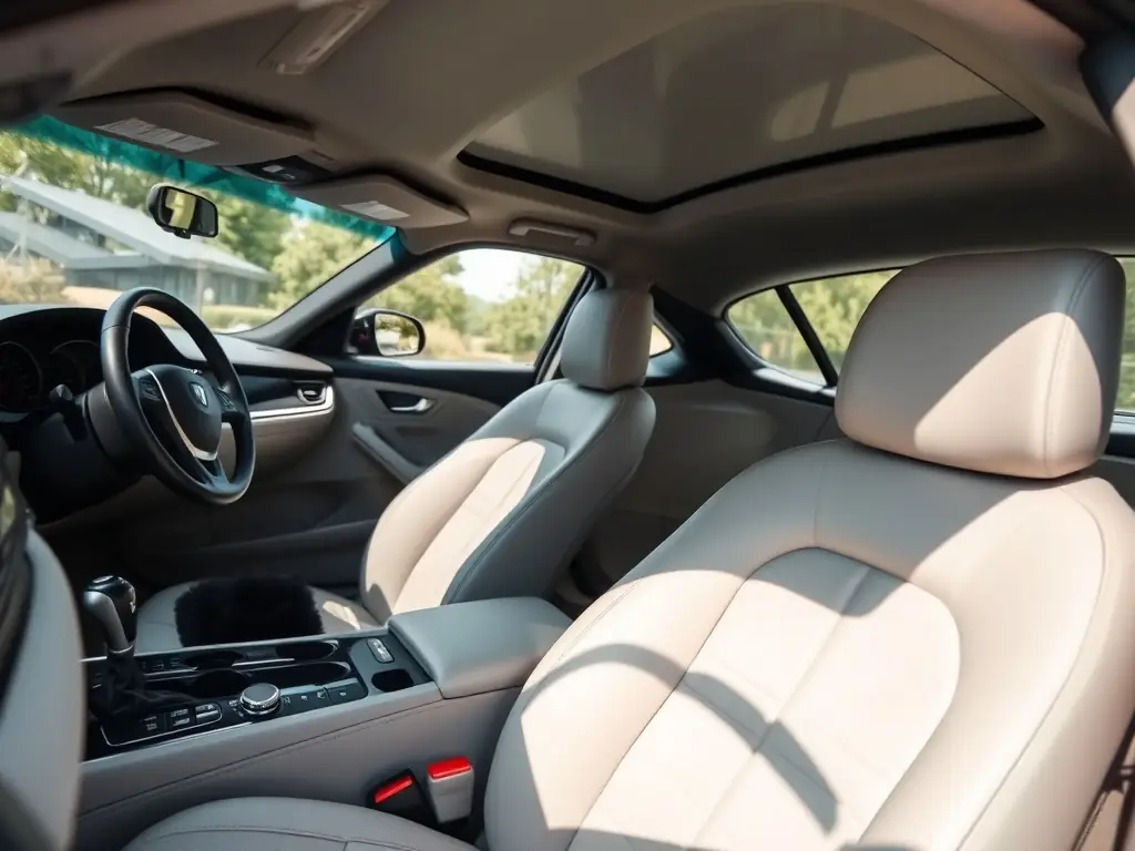 A close-up shot of a freshly detailed car interior, showcasing the clean dashboard, leather seats, and spotless console, highlighting the attention to detail in AutoShine's interior detailing service.