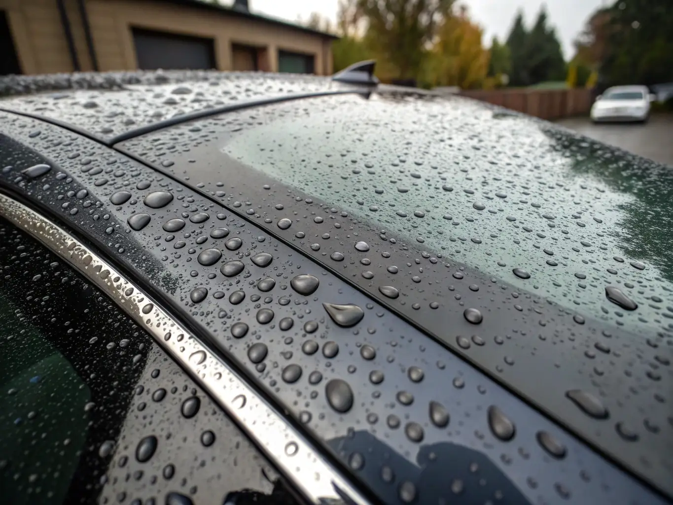 A vehicle with a glossy ceramic coating, water beading on the surface, illustrating the protective and hydrophobic properties of AutoShine's PPF and ceramic coating services.