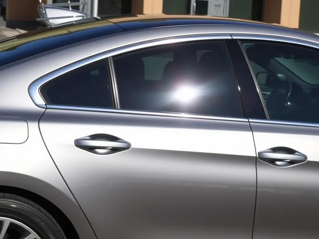 A car with professionally tinted windows, parked in a sunny area, demonstrating the sleek look and UV protection provided by AutoShine's window tinting service.